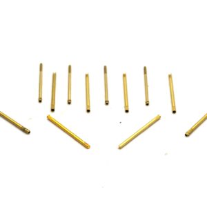 Brass test probes manufactured by AVF Decolletage for electronics testing.