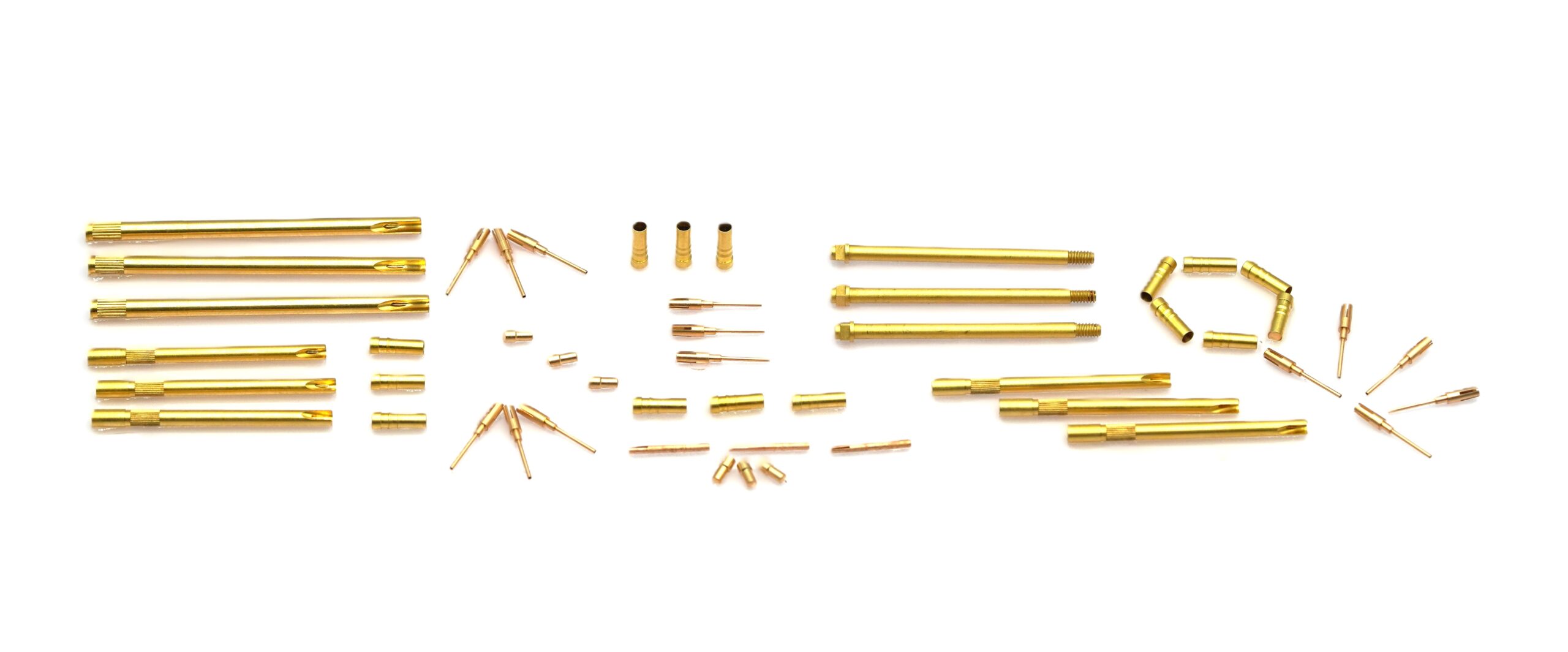High-precision brass test probe manufactured by AVF Decolletage for electronics testing applications.