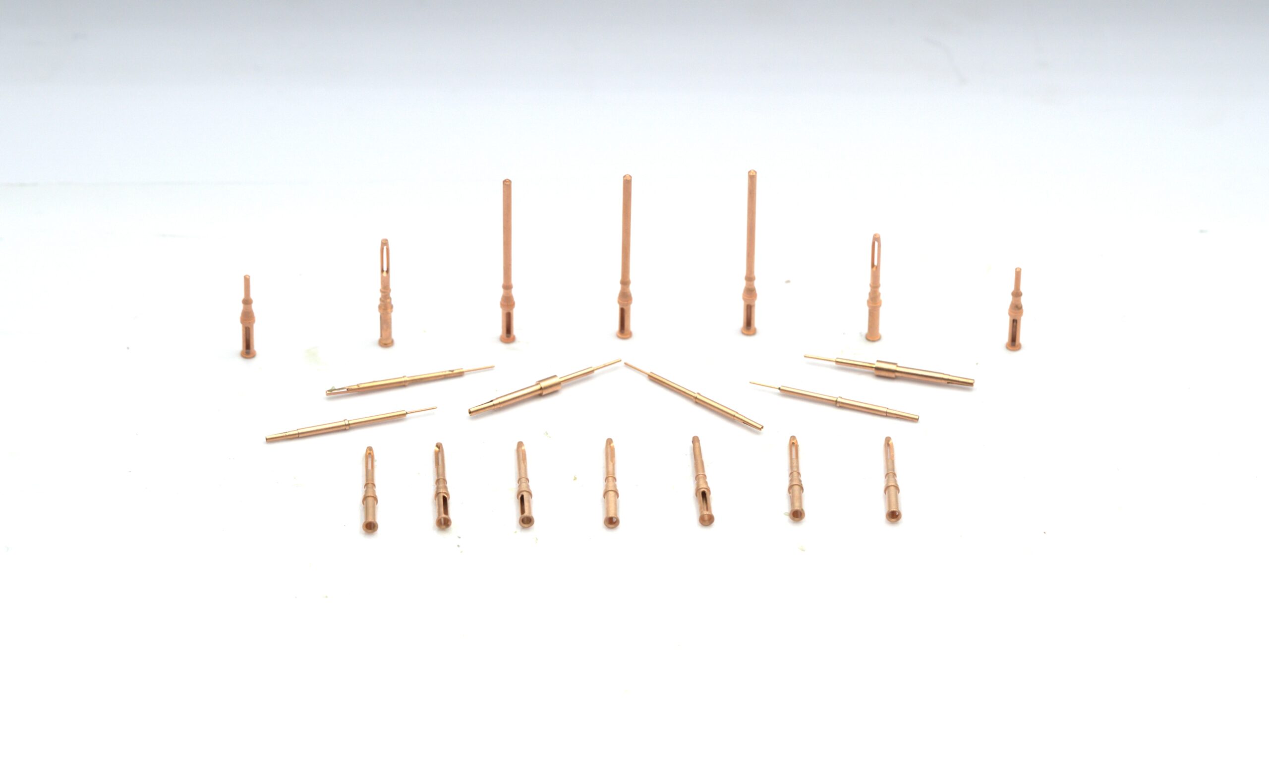 High-precision brass test probe manufactured by AVF Decolletage for electronics testing applications.