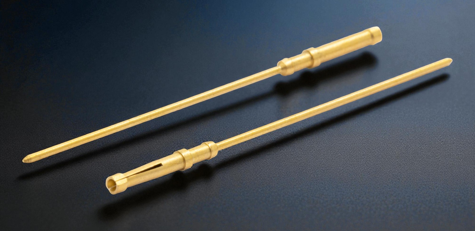 Custom connector pins and sockets engineered by AVF Decolletage for aerospace, medical, and telecom industries.