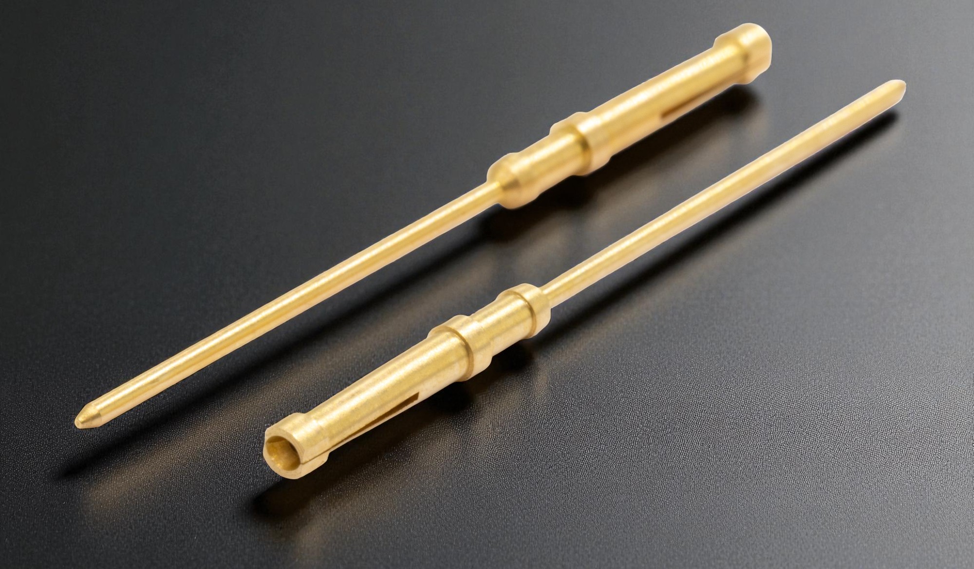 Connector pins manufactured by AVF Decolletage with ultra-low contact resistance for aerospace and telecom applications.