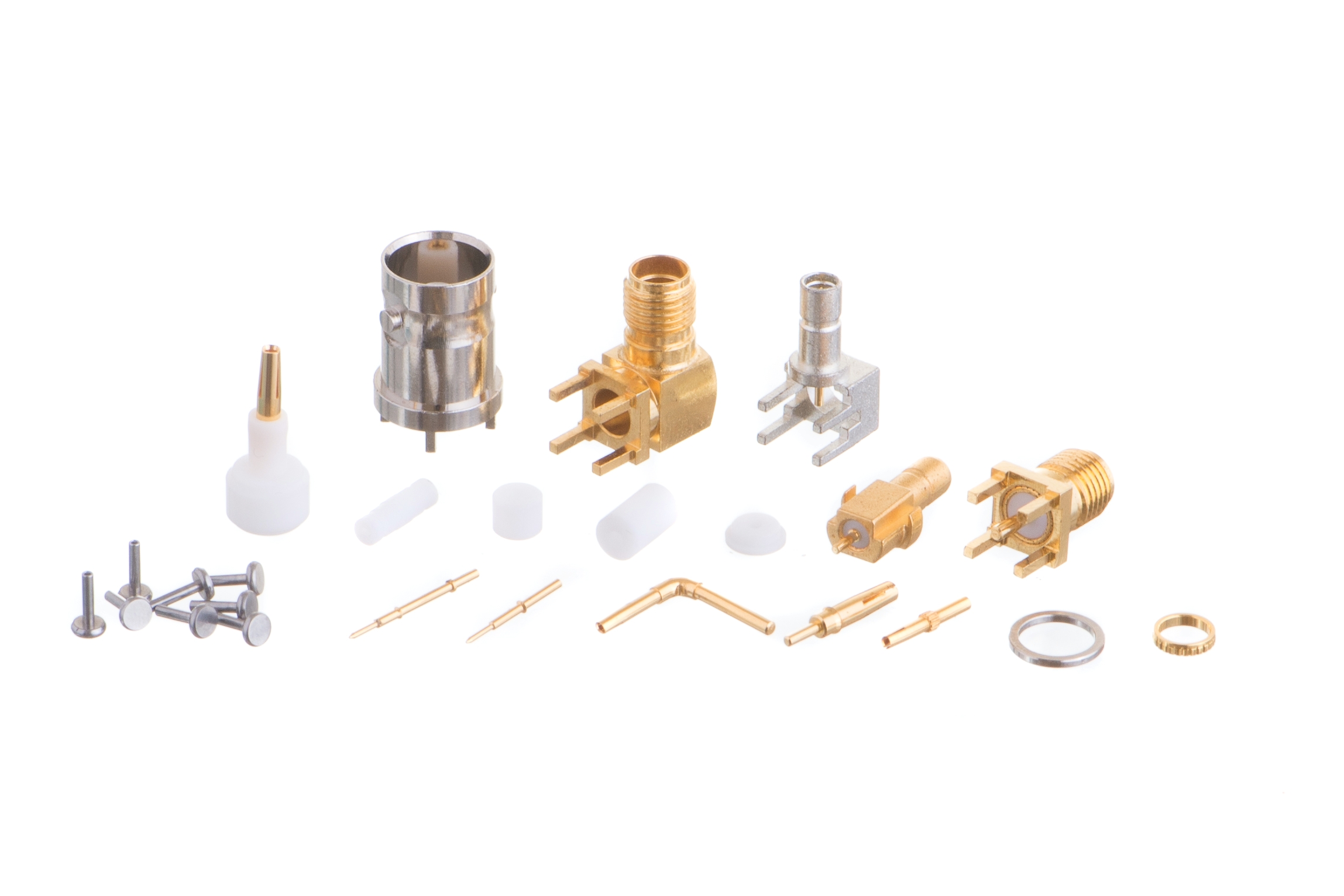 Swiss CNC-machined gold-plated connector sockets by AVF Decolletage for GHz applications.