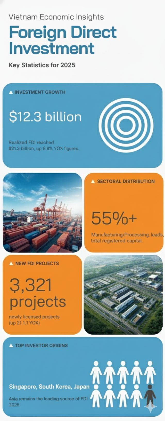 Vietnam economic insights 2025 infographic showing foreign direct investment growth, sector distribution, and top investor countries.