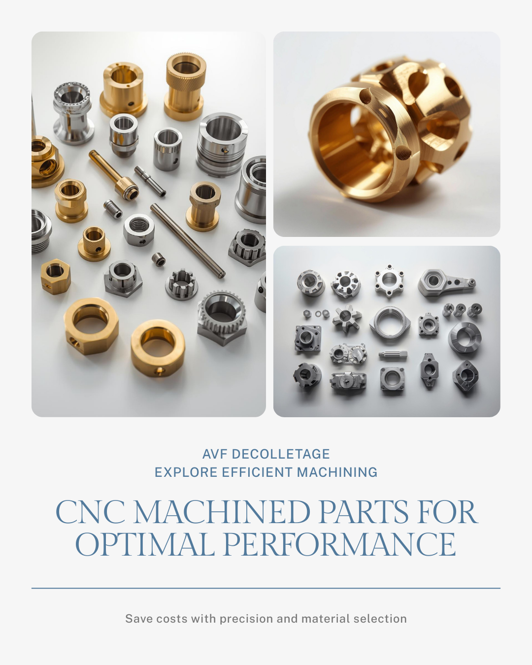CNC machined brass and stainless steel parts arranged for cost-efficient manufacturing by AVF Decolletage.