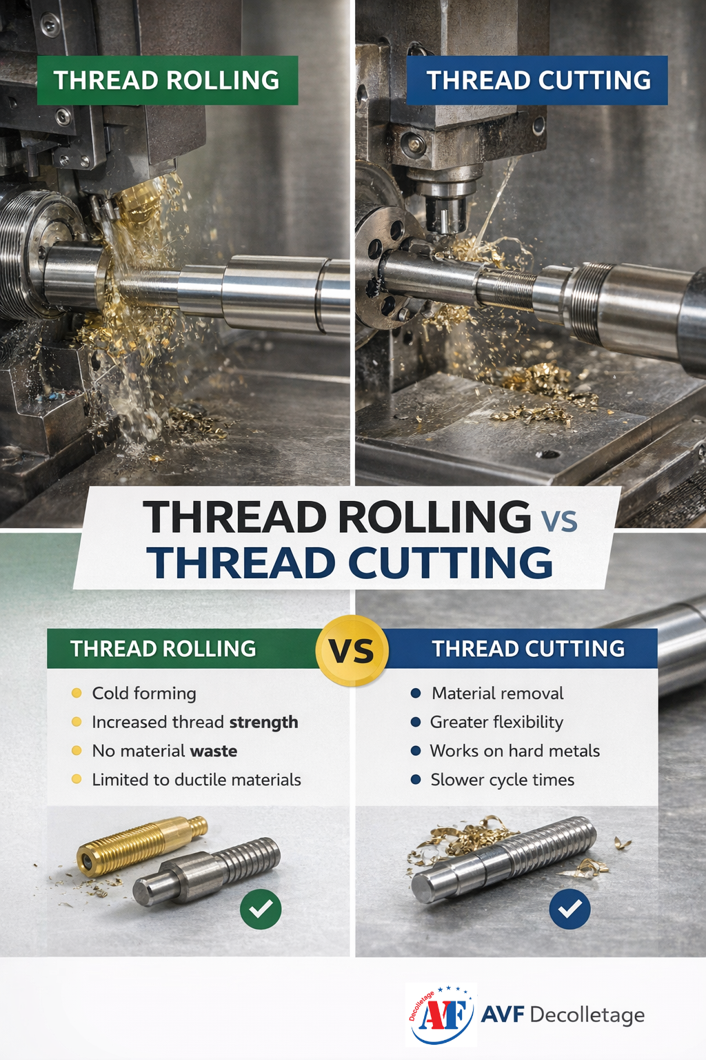 Thread rolling vs thread cutting comparison infographic by AVF Decolletage showing machining processes and differences