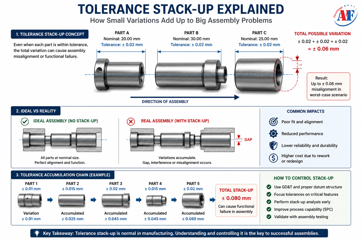 Tolerance stack-up explained in machined parts showing dimensional variation accumulation and assembly misalignment