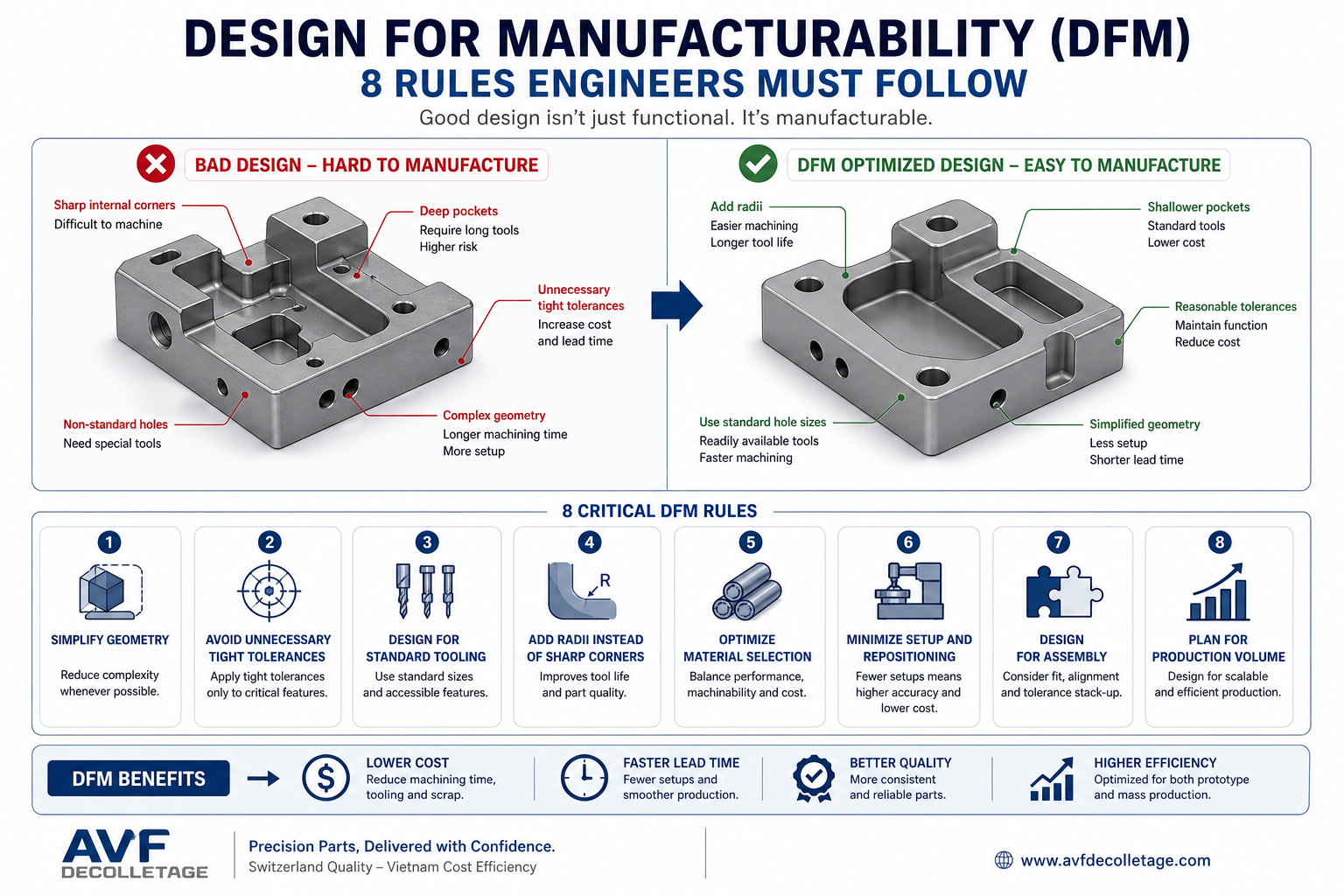 Design for Manufacturability DFM infographic showing 8 rules engineers must follow to optimize CNC machining and reduce cost